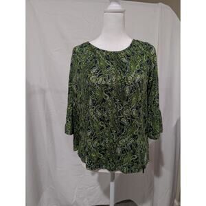 Women's Size Small Michael Kors Green Paisley Bell Ruffle Sleeve Blouse Shirt
